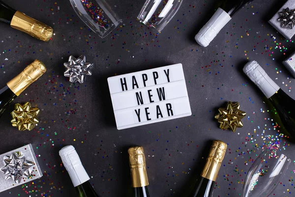 New Year Pattern Champagne Glasses Bottles Sparkles Confetti View Silver — Stockfoto