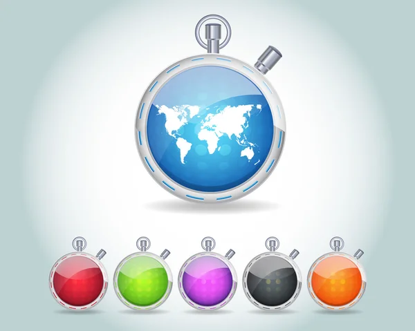 Vector brillante mapa del mundo botón icono y multicolor — Vector de stock