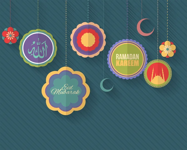 Ramadán Kareem - Las Noches Sagradas Islámicas Tema Diseño Vector - Árabe "Eid Mubarak", "ser bendecido" en Inglés — Archivo Imágenes Vectoriales