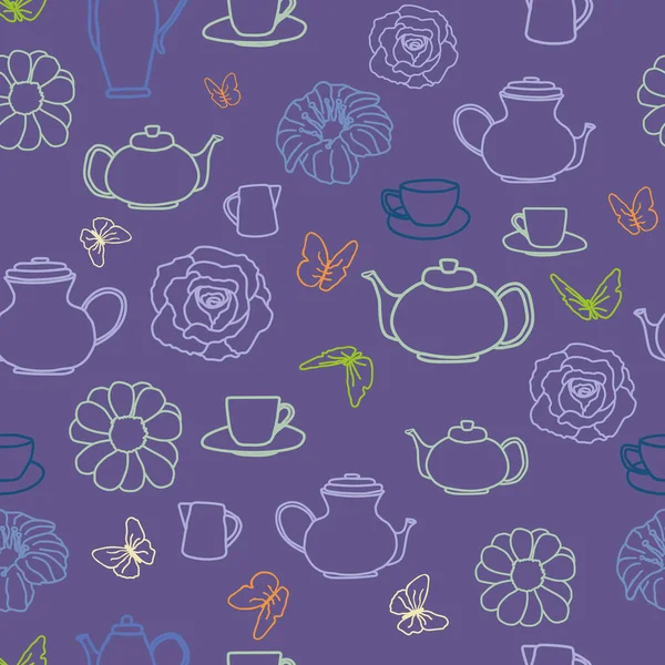 Vector Purple Tea Party Cups Butterflies Flowers Seamless Pattern Background — Stock Vector