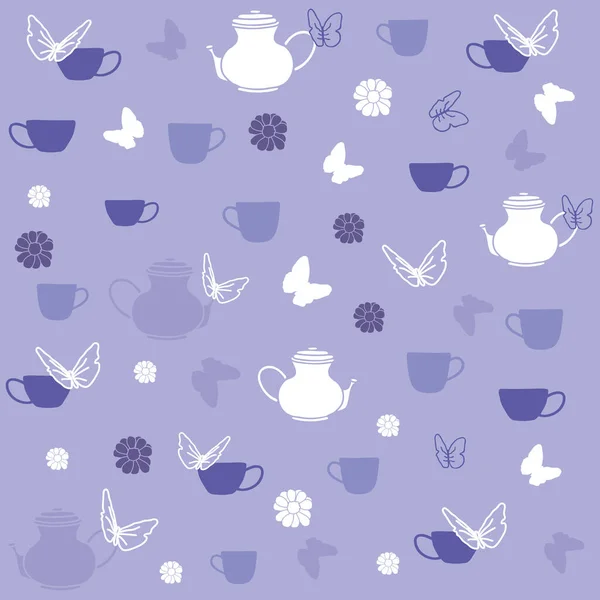 Vector Dark Purple Blue White Tea Party Cups Butterflies Flowers — Stock Vector