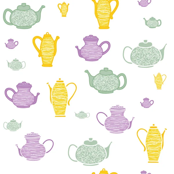 Vector Purple Green Yellow Tea Party Teapots Seamless Pattern Background — Stock Vector