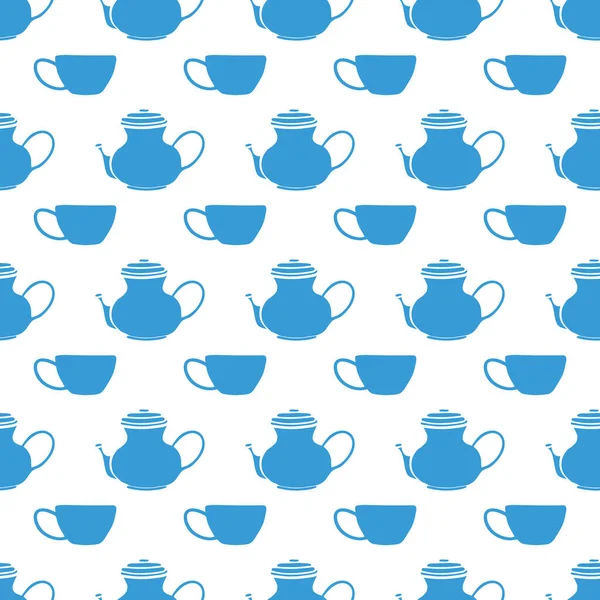 Blue Cups Teapots Seamless Pattern Print Background Great Restaurant Cafe — Stock Vector
