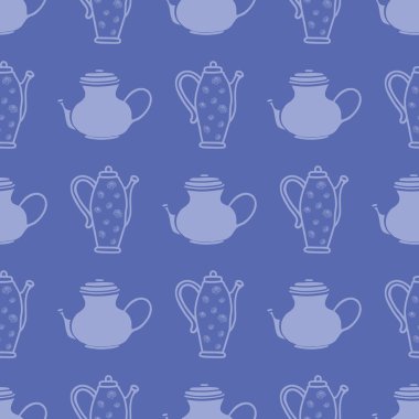 Blue teapots seamless pattern print background. Great for restaurant, cafe, kitchen design projects. Surface pattern design. 