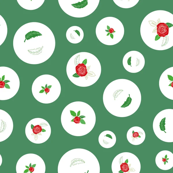 Red Roses Green Leafs Bubbles Seamless Pattern Print Background Surface — Vetor de Stock