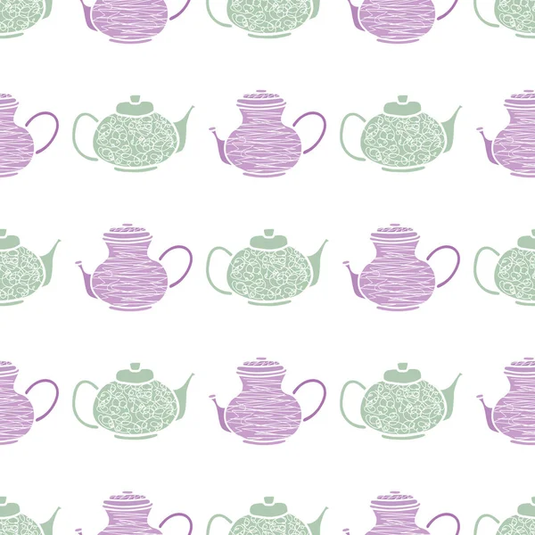 Green Purple Teapots Seamless Pattern Print Background Great Restaurant Cafe — Stock Vector