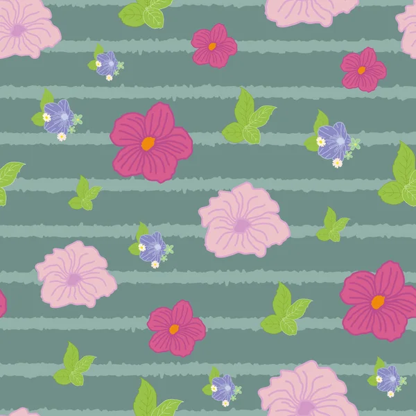 Colorful Tropical Flowers Green Leafs Stripes Seamless Pattern Print Background — Vetor de Stock