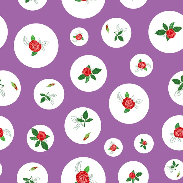 Red White Roses Rose Buds Green Leafs Bubbles Seamless Pattern — Image vectorielle