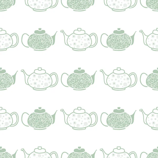 Green Teapots White Flowers Seamless Pattern Print Background Great Restaurant — Stock Vector