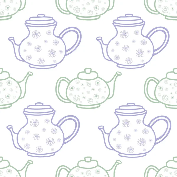 Green Purple Teapots White Purple Flowers Seamless Pattern Print Background — Stock Vector