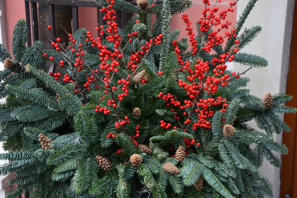 Weihnachtsdekoration Auf Abstraktem Hintergrund Geschmückter Weihnachtsbaum Leuchtende Weihnachtsgirlanden Und Schmuck — Stockfoto