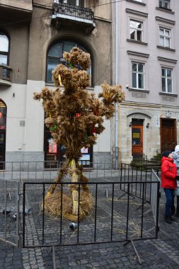 Lviv, Ukrayna - Ocak 2021: Didukh, Ukrayna 'da Noel' i kutlamak için kullanılan bir buğday demeti. Antik gelenekler, seçici odaklanma