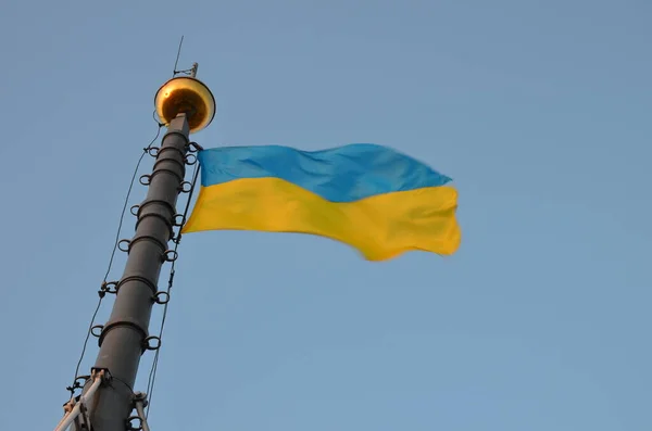 Kelta Sininen Lippu Ukrainan Julkisivulla Rakennuksen Lviv Ukraina Ukrainan Lippu — kuvapankkivalokuva