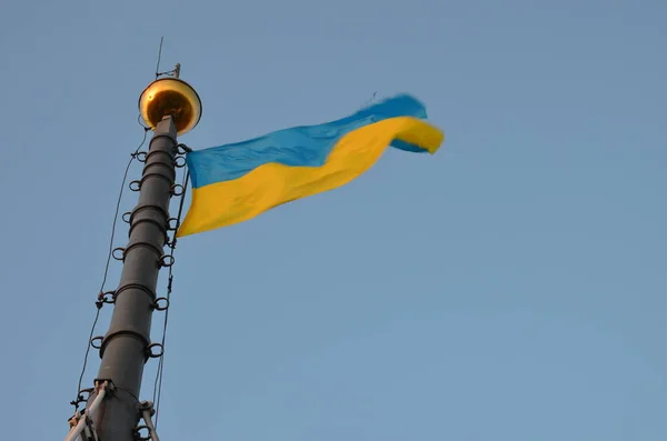 Bandera Amarillo Azul Ucrania Fachada Del Edificio Lviv Ucrania Bandera —  Fotos de Stock