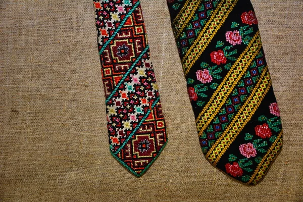 Traditional Ukrainian Men Embroidered Ties Display Men Ties — Stock Photo, Image