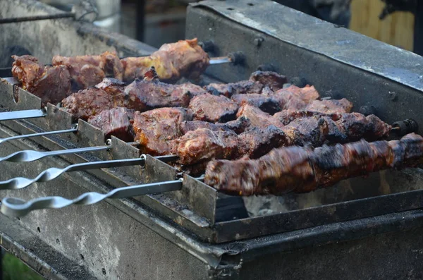 Marine, Barbekü ızgarası üzerinde kömür üzerine hazırlanıyor. Doğu Avrupa 'da popüler olan shashlik veya Shish Kebab. Shashlyk (skewered et) aslında kuzu yapılmıştır.