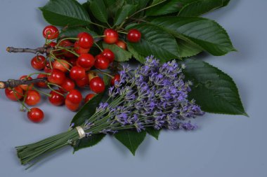 Kırmızı böğürtlenli ve lavantalı bir buket kirazdan katlanmış kırmızı kiraz ve gri arka planda bir demet lavanta..