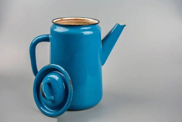 Old Enamel Coffee Pot Blue Enamel Kettle Coffee White Background — Stock fotografie