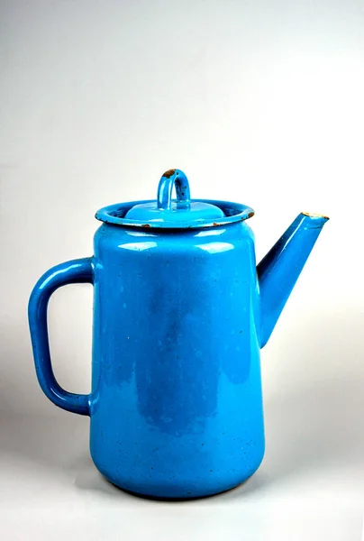 Old Enamel Coffee Pot Blue Enamel Kettle Coffee White Background — Stok fotoğraf