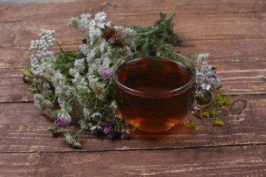 Çeşitli kurutulmuş çayır otları ve hafif eski ahşap masa üzerinde bitki çayı. Fizyoterapi ve sağlık promosyonu için tıbbi bitkiler hazırlanıyor.