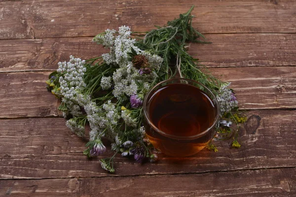 Különböző Szárított Rét Gyógynövények Gyógynövény Tea Könnyű Régi Asztalon Gyógynövények — Stock Fotó