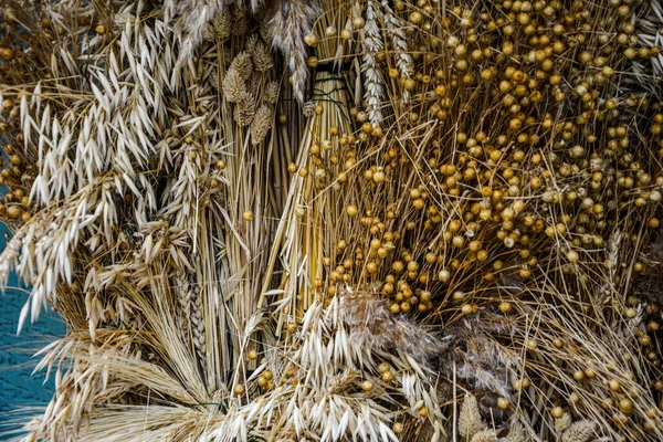 花の穀物は冬に乾燥花束でクリスマスのための伝統的なウクライナの伝統でマクロの閉鎖を配置しました シリアル植物 亜麻と草の彼らの耳の大きな花束 — ストック写真