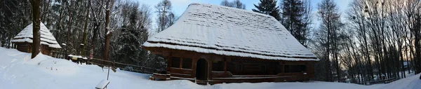 冬の古い雪で覆われたウクライナの家 リヴィウShevchenko男の博物館 ウクライナの民俗建築と日常生活の博物館 — ストック写真