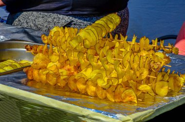 Patates sarmalı ya da kasırga, şiş şişte kızartılmış ve düşük derinlikte ateş edilmiş. Patates kızartması, ahşap çubuklar, spiral. Sağlıksız kızarmış yemek. Sokak yemeği, çubukta kızarmış patates.