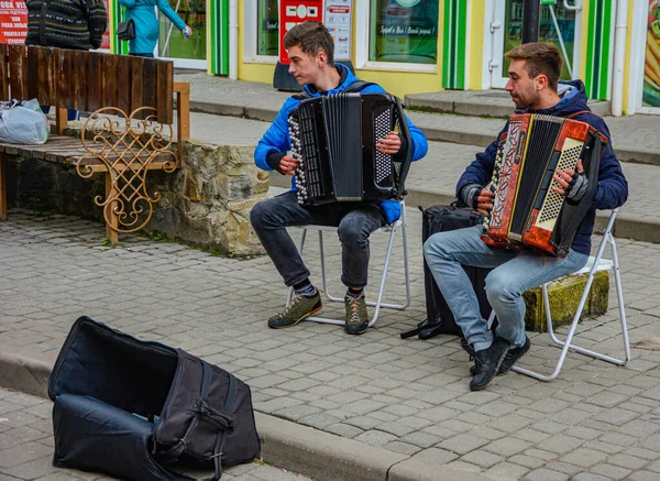 Drogobich Lviv Region Ukraine September 2021 Street Musicians Play Button — Stock Photo, Image