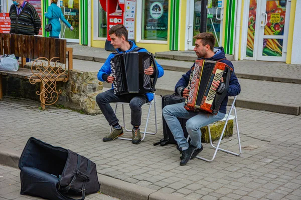 Drogobich Lviv Region Ukraine September 2021 Street Musicians Play Button — Stock Photo, Image