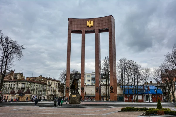 Lviv Región Lviv Ucrania Febrero 2022 Monumento Stepan Bandera Héroe — Foto de Stock