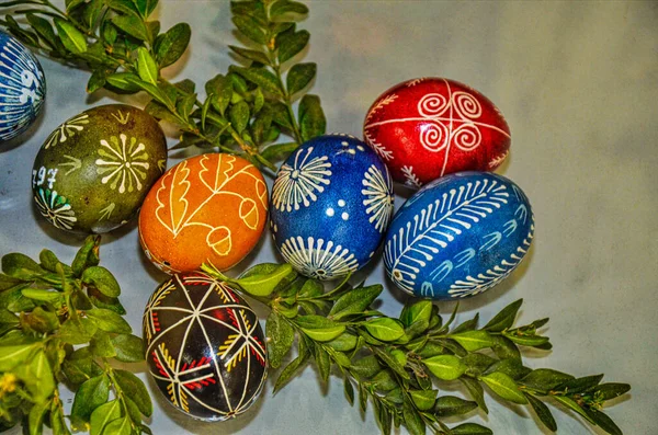 Lviv Ukraine March 2022 Three Handmade Easter Eggs Decorated Wax — Stock Photo, Image