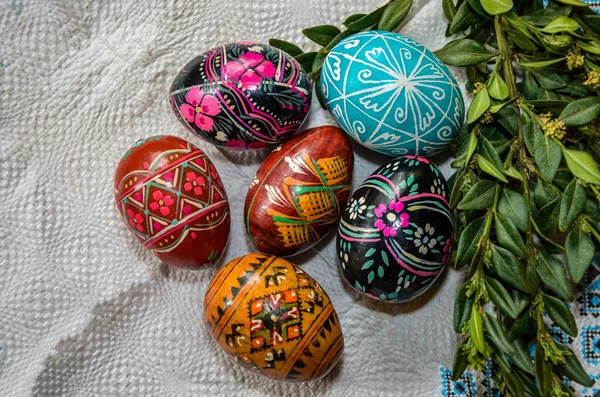 Lviv Ukraine March 2022 Three Handmade Easter Eggs Decorated Wax — Stock Photo, Image