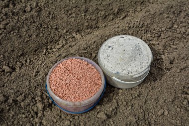 Tarım bitkileri yetiştirmek için organik ve mineral gübresi. Yatağın üzerinde iki kova gübre..