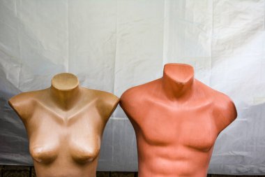 Giysilerini göstermek için plastik mankenler. Kıyafetlerini göstermek için endüstriyel modellerin plastik figürleri..