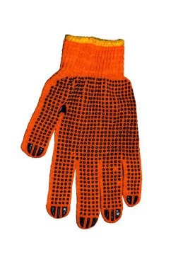 Turuncu iş eldivenleri bahçedeki ahşap bir tahtanın üzerinde duruyor. Beyaz arka planda izole edilmiş turuncu iş eldivenleri.