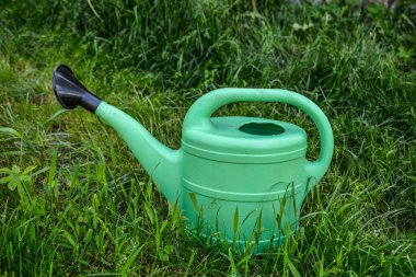 Bahçe bitkilerini sulamak için büyük yeşil bir plastik sulama kutusu yeşil bir çimenlikte duruyor. Yazın bahçıvanlık. W Plastik sulama kabı yabani kekikler arasında yeşillik üzerinde.