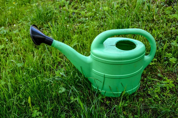 庭の植物を散水するための大きな緑のプラスチック製の散水缶は緑の芝生の上に立っています 夏の庭付け 野生動物の間の緑の庭のWプラスチック製の散水ポット — ストック写真