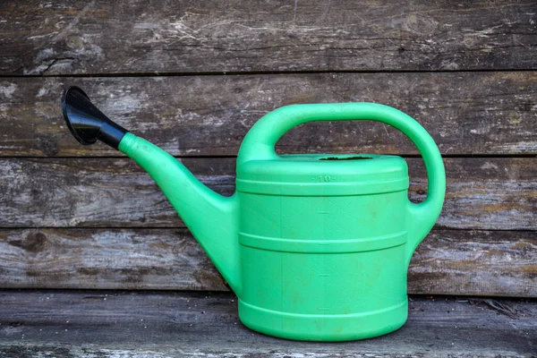 A large green plastic watering can for watering garden plants stands on a green lawn. Gardening in summer. W Plastic watering pot on greenyard between wild-thymes.