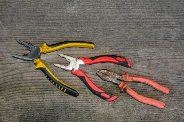 Paslı kerpeten. Bulanık doğal arka planda eski paslı pense açık. Eski bir çalışma aracı. Seçici yumuşak odaklanma. Resmi kapat.