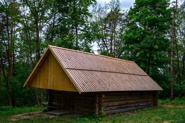 Ξύλινο Σπίτι Στο Δάσος Παλιό Ξύλινο Σπίτι Στη Μέση Του — Φωτογραφία Αρχείου
