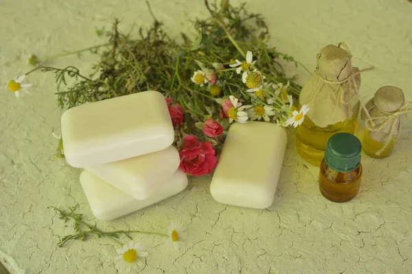 Bottle Chamomile Essential Oil Soap Bars Light Blue Wooden Table — 스톡 사진