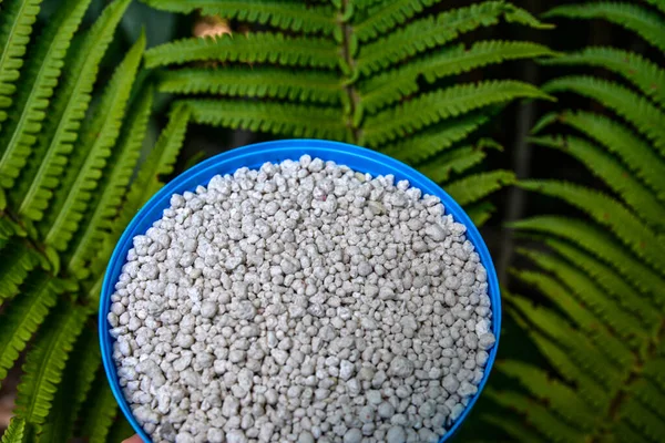 Close up of mineral fertilizer granules.chemical granulated fertilizer closeup.complex fertiliser granules on dark soil background.