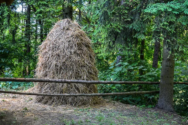 Sheaves of hay at the meadow in the middle of the mountain countryside .A pile of straw is beautifully laid outside the garden house.