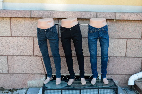 Many Jeans Closet Stack Jeans Shelf Concept Buy Shop Window — Fotografia de Stock