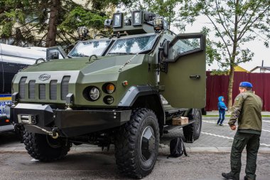 Drogobhic. Lviv region Ukraine. September 2021.The exhibition of military equipment, on the Day of Defender of Ukraine. Soldiers of the National Guard exhibit military equipment.