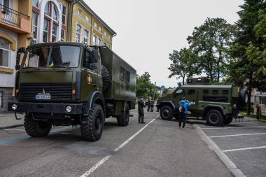 Drogobhic. Lviv region Ukraine. September 2021.The exhibition of military equipment, on the Day of Defender of Ukraine. Soldiers of the National Guard exhibit military equipment.