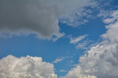 Photo of some white whispy clouds and blue sky cloudscape .Beautiful blue sky and white fluffy clouds .