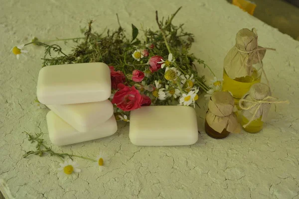 Natural Soap Chamomile Eco Oil Nature Treatment Ecology Essential Handmade — Fotografia de Stock