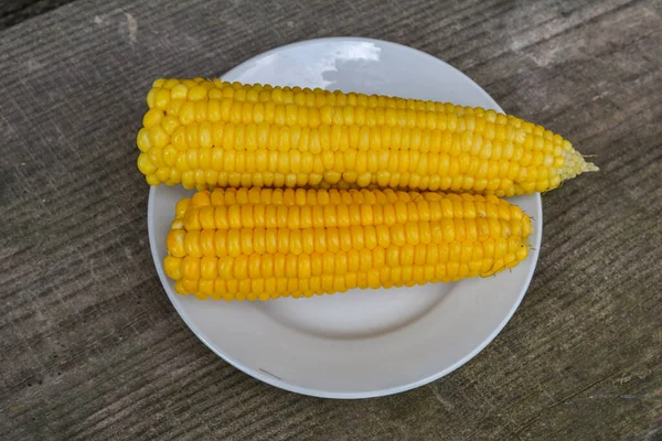 Βραστό Καλαμπόκι Πιάτο Για Υγιεινή Διατροφή Βραστό Καλαμπόκι Λευκό Πιάτο — Φωτογραφία Αρχείου